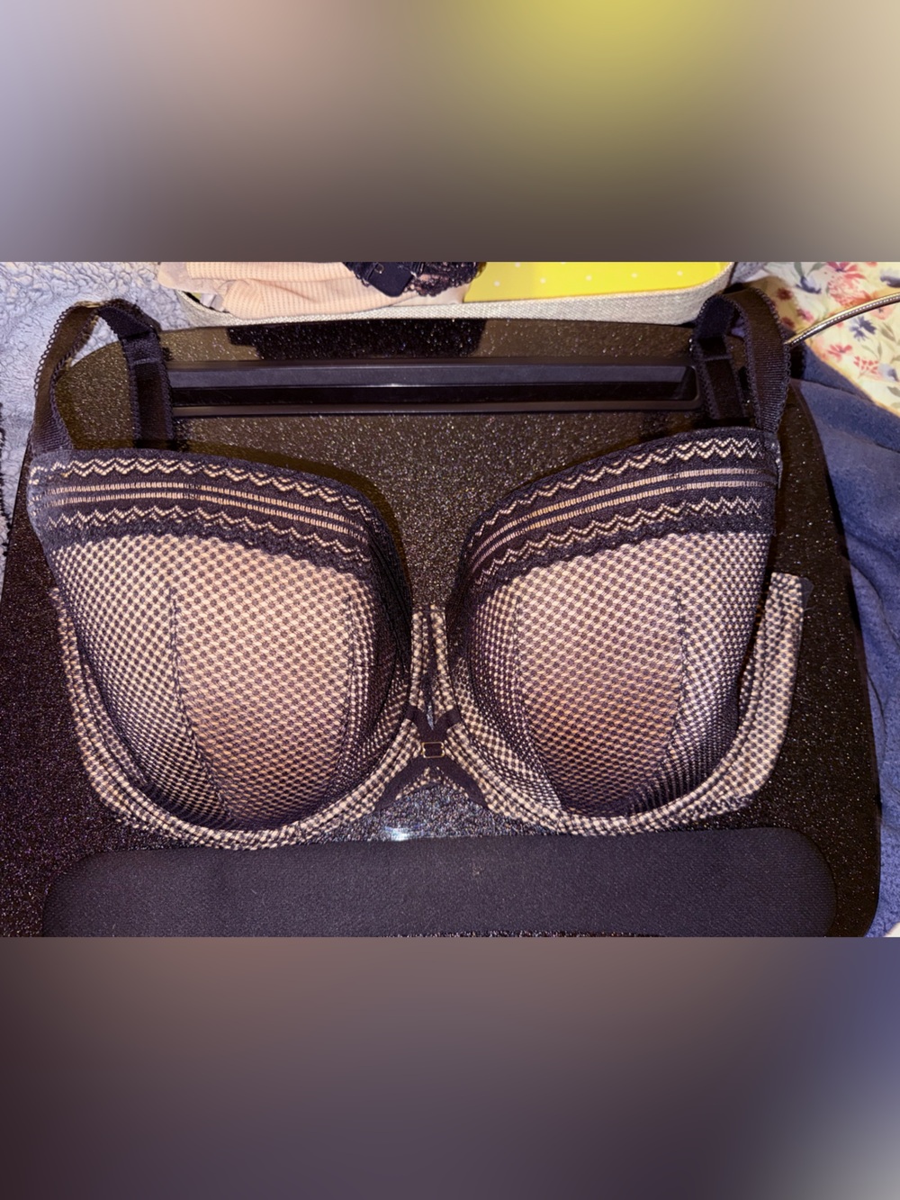Black Lace Trim Nude Mesh Balconette Bra